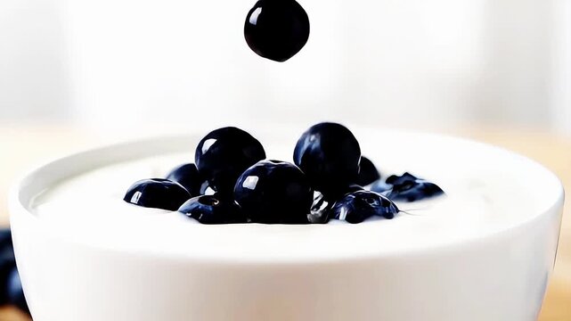 Watch as fresh, ripe blueberries are gracefully added to creamy, white yogurt, creating a delightful and healthy breakfast or snack option. Perfect for a nutritious start.