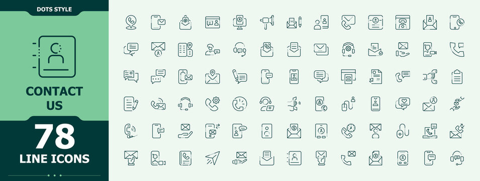 Contact Us icon. Minimal linear icons. Vector collections. Phone icon set. Contain linear sign mobile, contact, location, message, chat and more.