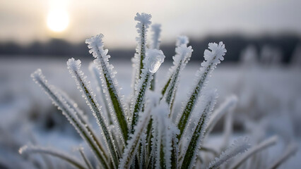 Frosty green grass blades covered with ice crystals in winter landscape with blurred background and sunrise in distance