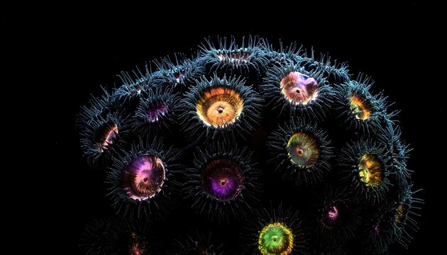 Macro Photograph of Bioluminescent Zoanthid Coral Polyps Glowing in Deep Ocean Darkness.