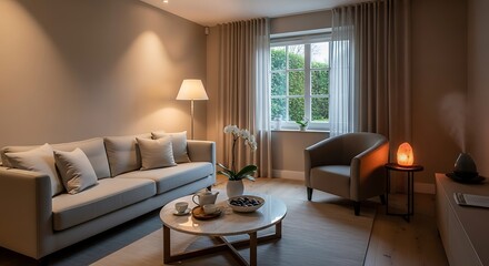 Fototapeta premium Cozy living room with sofa, armchair, coffee table, and window view, warm lighting