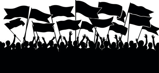 Crowd Protest Demonstration Silhouette with Raised Hands and Waving Flags, Political Rally, Social Movement, Activism Concept Illustration Isolated on White Background