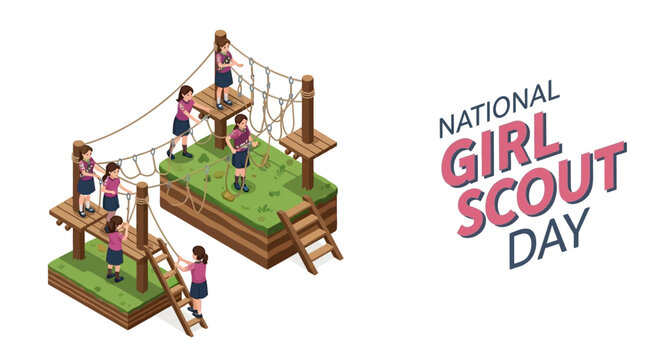 Isometric illustration of Girl Scouts celebrating National Girl Scout Day with playground activities in a colorful design.
