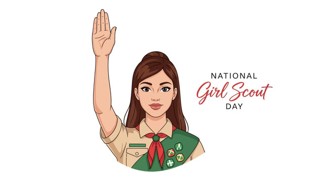 Illustration of a girl scout in uniform with her hand raised in a celebratory gesture on National Girl Scout Day with a vector design