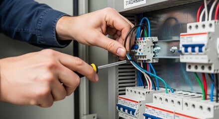 Electrician hands installing circuit breaker in electrical panel with wires and tools, close-up, professional installation, industrial maintenance, safety and technology concept photography