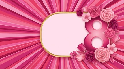 Elegant pink floral arrangement frames number 8 on vibrant radiating background for celebration