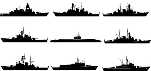 Naval Warships and Submarine Silhouettes Collection Featuring Destroyers, Frigates, Patrol Boats and Military Vessels Isolated for Maritime Defense, Navy Fleet Illustration Set © MdMojibar