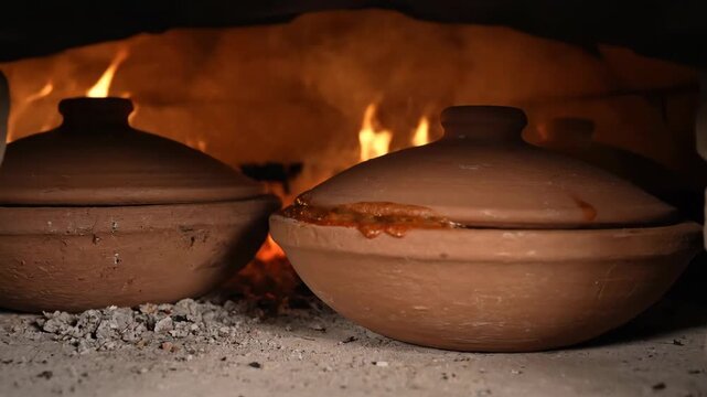 Clay Pots Baking in Brick Oven Warmly Roasting