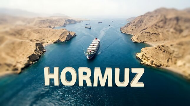 Cargo ship navigates strait of Hormuz middle eastern waterway busy shipping lane between Arabian peninsula and Iran strategic choke point global trade route vital oil passage