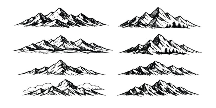 Black and White Hand Drawn Mountain Range Collection with Sketch Style Peaks Isolated on White Background Illustration.