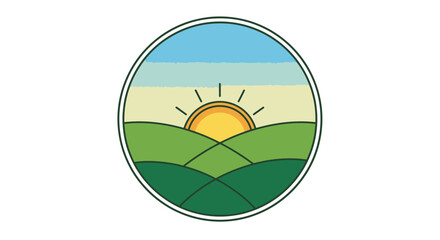 Fototapeta premium Sunset Landscape Icon with Green Hills and Yellow Sun.