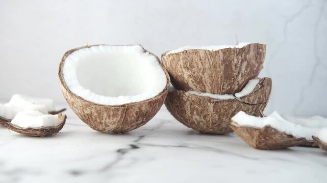 Several cracked coconuts with white flesh scattered on a marble surface