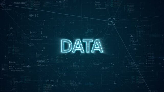 Motion graphic of glowing DATA text surrounded by digital network lines and information interface creating futuristic big data analytics and information technology concept for business and tech media