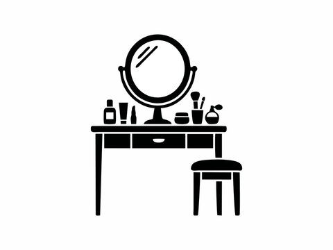Dressing table with mirror and makeup accessories silhouette icon isolated on white background