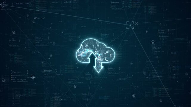 Motion graphic of luminous cloud computing symbol with upload and download arrows over futuristic data network background representing cloud storage, data transfer and modern digital infrastructure