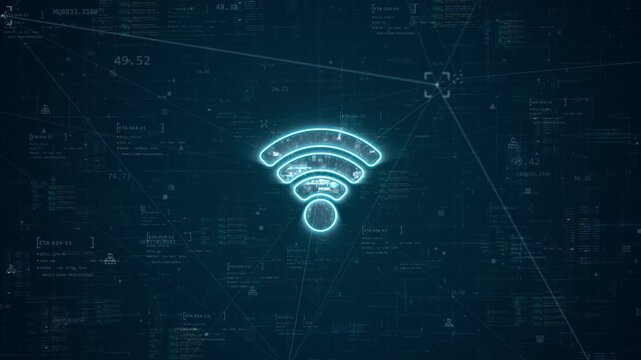 Glowing wifi symbol representing wireless network and internet connectivity on futuristic digital interface with data streams and technology background designed for telecom and smart network promotion
