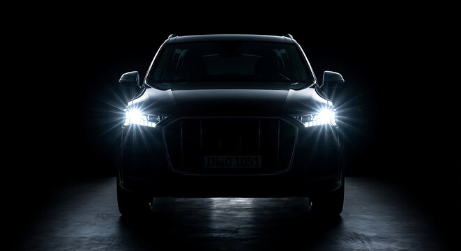 a dark audi q7 suv with bright led headlights illuminated in a mysterious studio setting ideal for automotive technology marketing.