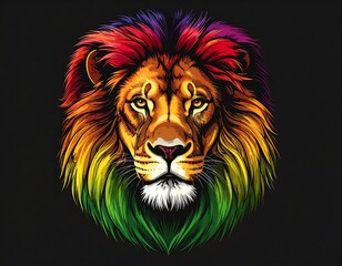 Obraz premium A colorful lion's head with a rainbow mane on a black background