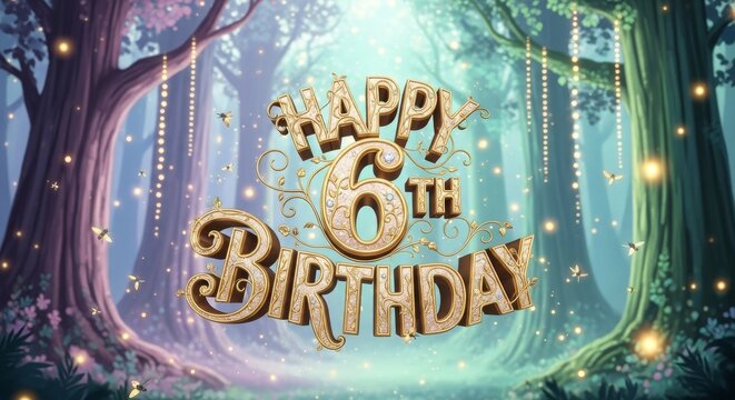 Happy 6th Birthday Magical 3D Typography Greeting Card Design, Enchanting Party Invitation