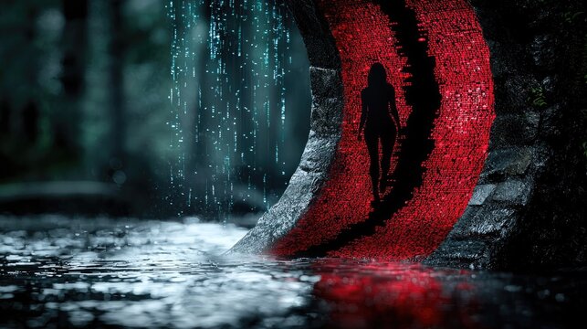 Abstract Digital Environment with Red Hex Code Scatter and Glowing Particles in a Dark Forest Setting
