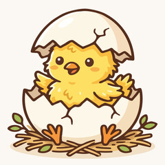 Cute Easter Chick Hatching from Egg Cartoon Spring Vector Illustration