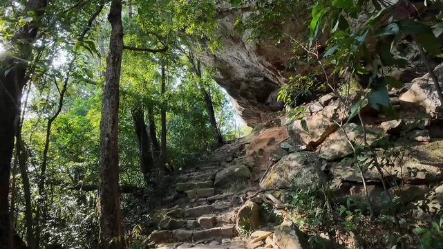 Video footage documenting early morning hikers ascending the rocky jungle trail of Pidurangala Rock, a sacred Buddhist site located near the ancient Sigiriya fortress in Sri Lanka's Cultural Triangle.