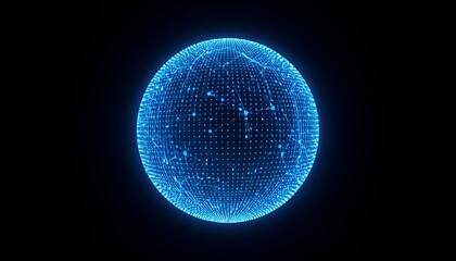 Abstract Glowing Blue Digital Sphere with Connected Dots and Lines on Black Background