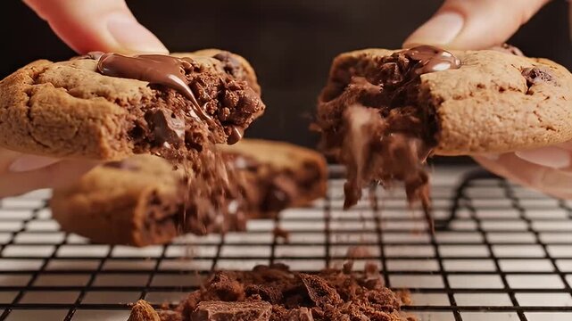 Hands breaking apart a warm gooey chocolate chip cookie on a cooling rack.
