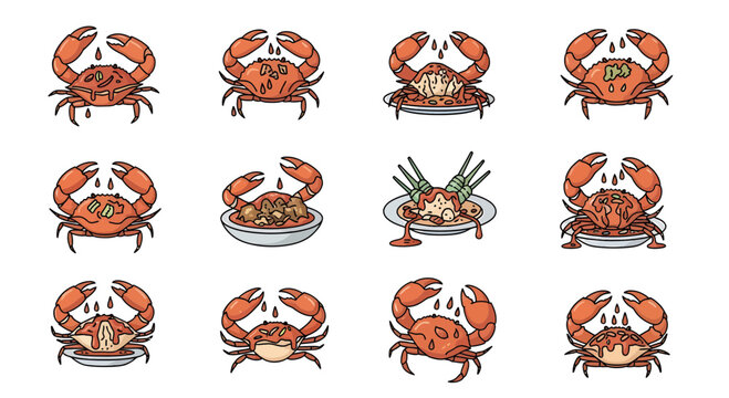 Kepiting Saus Padang Vector Icon Set, Spicy Chili Crab Illustration with Various Plating Styles, Flat Cartoon Seafood Design for Menu and Sticker.