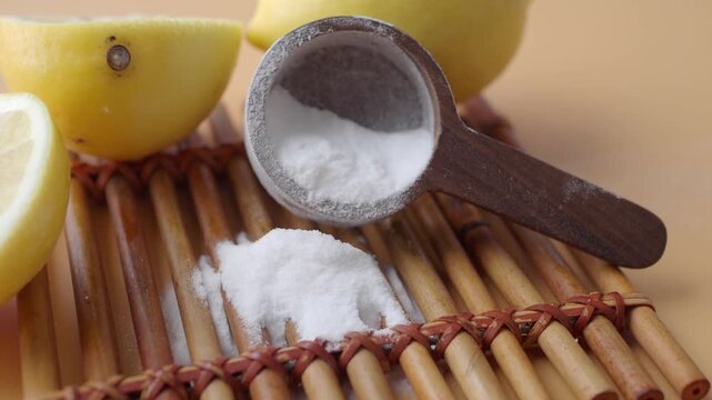 Close up video motion of baking soda or citric acid powder in wooden measuring scoop and lemon slices on a bamboo mat