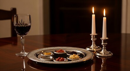 Fototapeta premium A beautifully set traditional Passover Seder table with symbolic foods, a ritual goblet of wine, and glowing candles, evoking a warm and spiritual atmosphere for the cherished holiday celebration