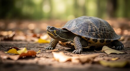 Obraz premium A turtle walks slowly on the forest floor covered with leaves and fallen branches in a natural environment.