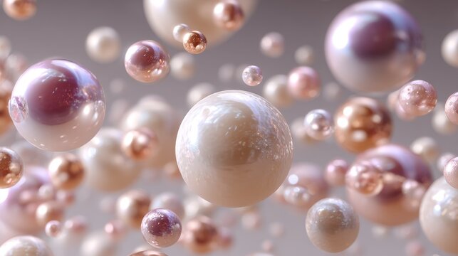 Floating round iridescent pearls on clean neutral background for elegant skincare and luxury cosmetic concept, ultra-realistic style
