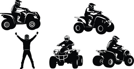 Set of silhouette vector illustrations featuring quad bike riders performing stunts and racing on all terrain vehicles isolated on white © Sabbir's World