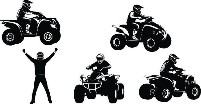 Set of silhouette vector illustrations featuring quad bike riders performing stunts and racing on all terrain vehicles isolated on white