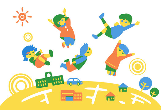 街と楽しそうにジャンプする子どもたち