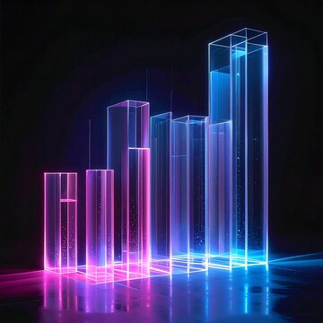 A futuristic, neon-lit 3D bar graph with pink and blue hues