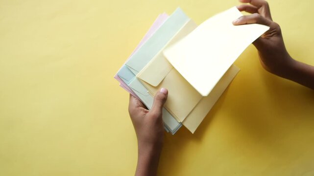 Holding stack of colorful envelopes on yellow background, mail communication concept