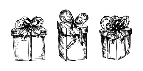 Set of hand drawn present box with ribbons Birthday present clipart Christmas gift Holiday doodle For design, print, web, decor, greeting card, sale © Daria Shane