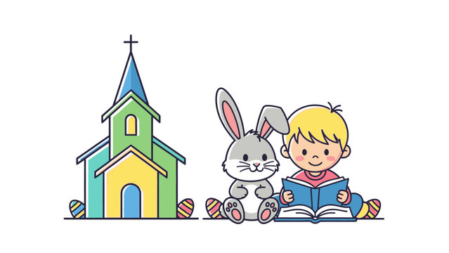 Child Reading Book with Easter Bunny.