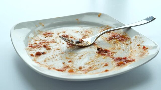 Empty plate with leftover food and fork after meal, showing mess and remnants, indicating finished eating and need for cleaning