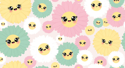 Fototapeta premium Cute Kawaii Flowers Seamless Pattern, Adorable Floral Characters with Happy Faces, Pastel Colors