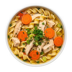 Hearty bowl of chicken noodle soup on transparent background