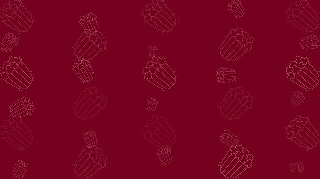 Food doodle pattern handdrawn popcorn buckets with a whimsical design on a maroon backdrop for packaging or kitchen decor.