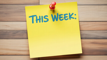 Bright yellow sticky note with handwritten this week text pinned on wooden wall for planning and productivity concept