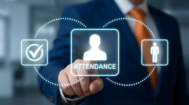 Businessman tracking attendance with digital interface icons