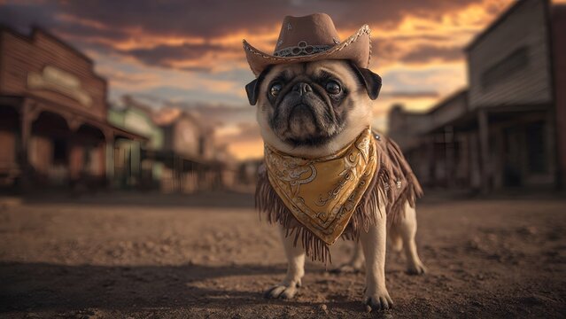 A pug dog dressed as a cowboy with a small cowboy hat, western outfit and bandana, standing in a desert western town, dramatic sunset lighting