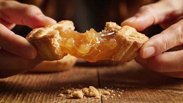 Hands breaking a delicious apple pie on a wooden table.
