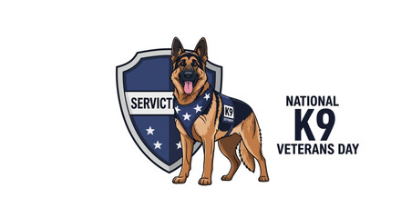A German Shepherd dog wearing a service vest stands proudly in front of a shield on National K9 Veterans Day. © parman