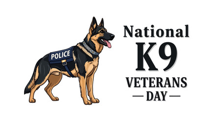 A German Shepherd dog wearing a police vest stands proudly on National K9 Veterans Day. © parman